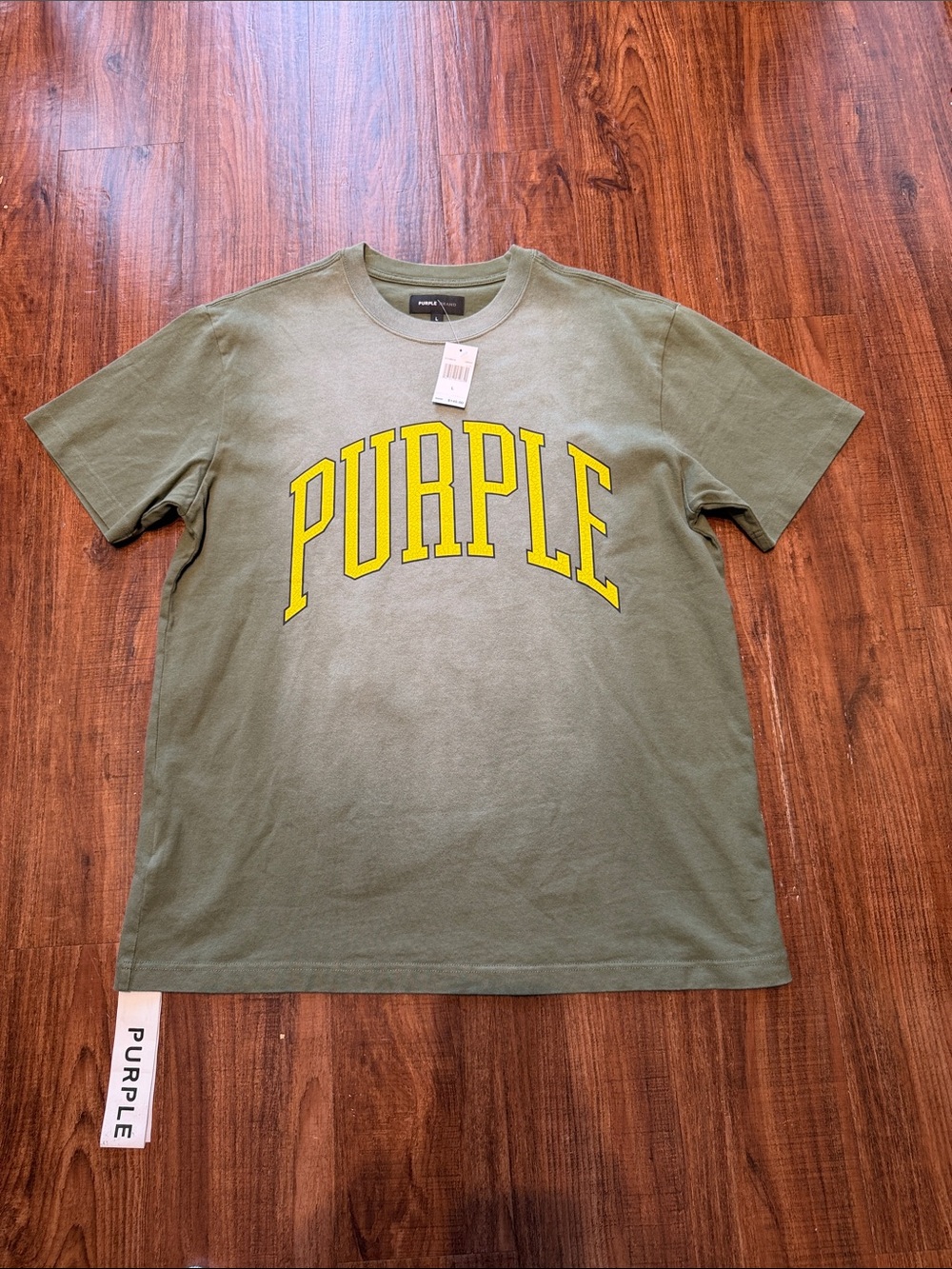 Purple Brand Olive Green Graphic Tee with Yellow Logo - New size Large